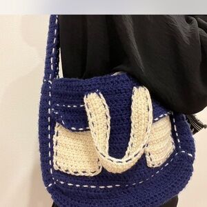 Elegant Navy and Cream Crochet Shoulder Bag